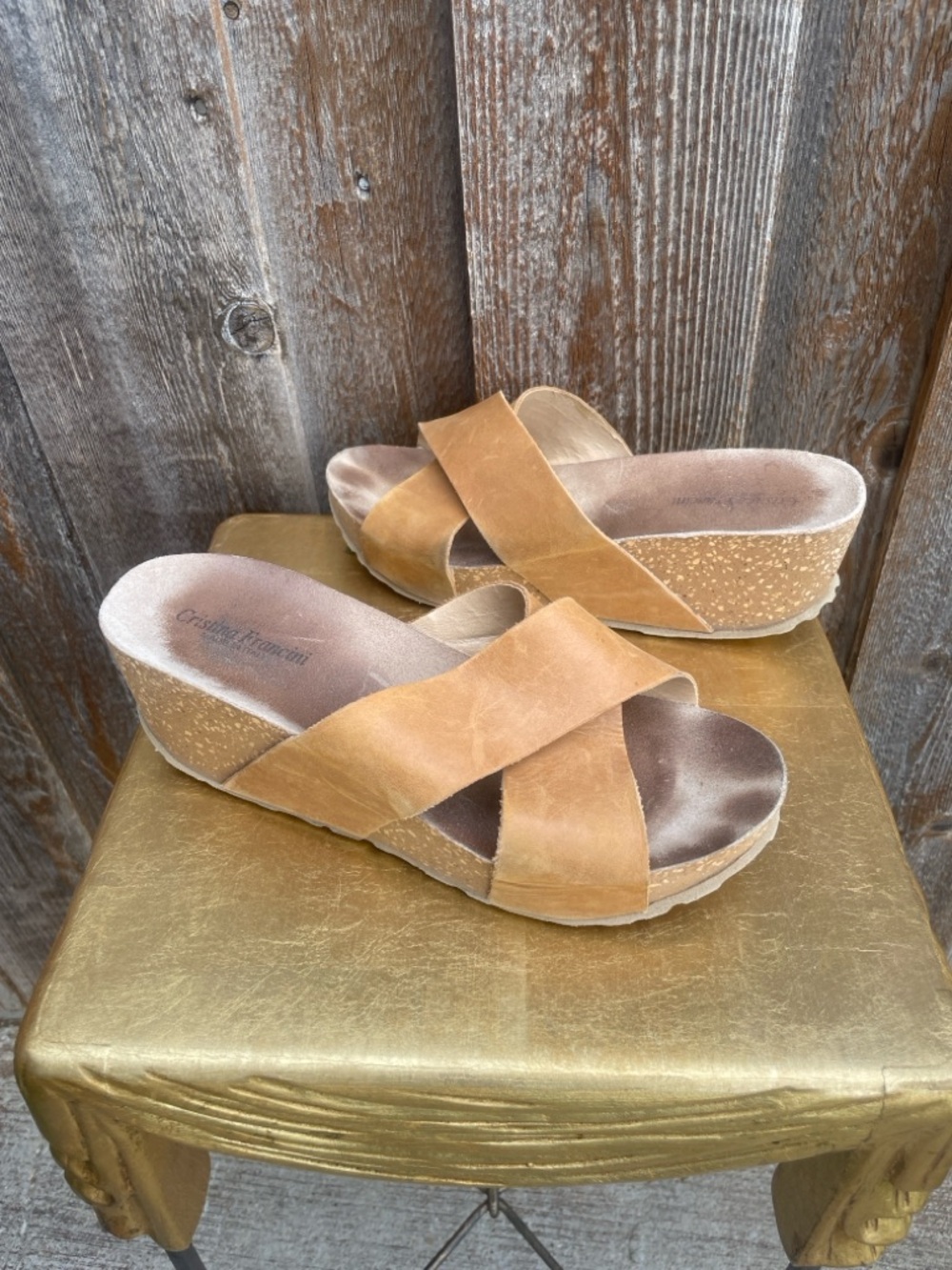 Crisscross Suede Wedge Sandals in Tan